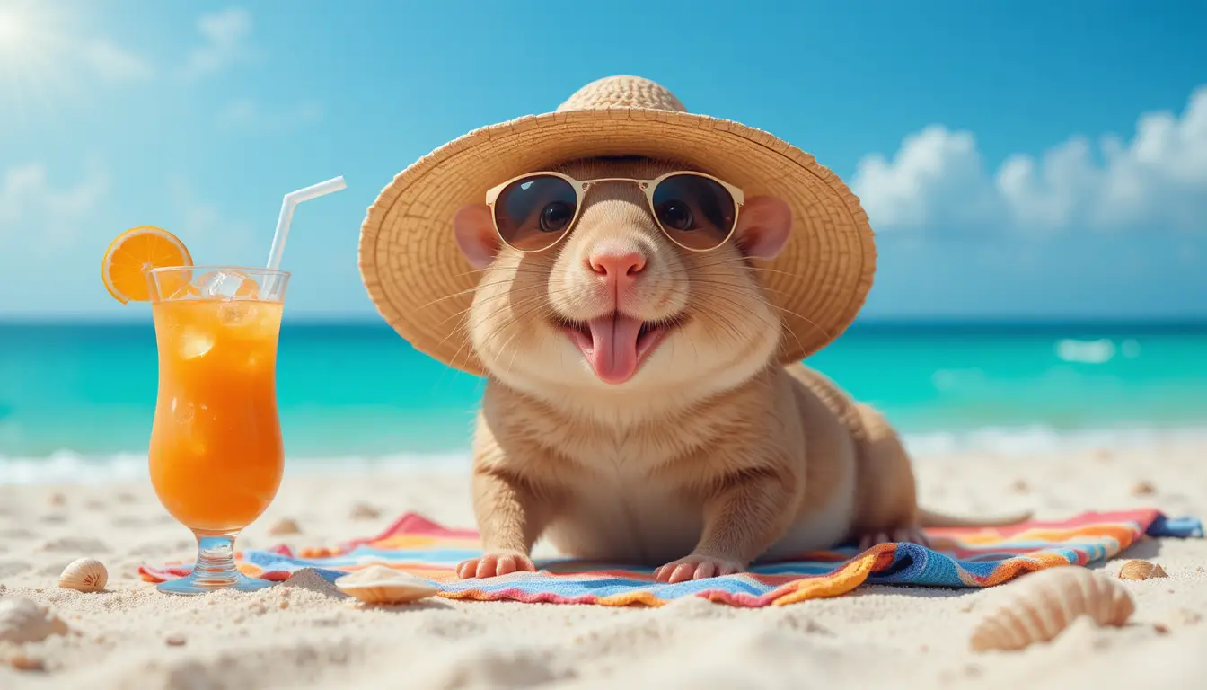 Niedliches Strandnagetier entspannt mit Cocktail unter sonnigem Himmel