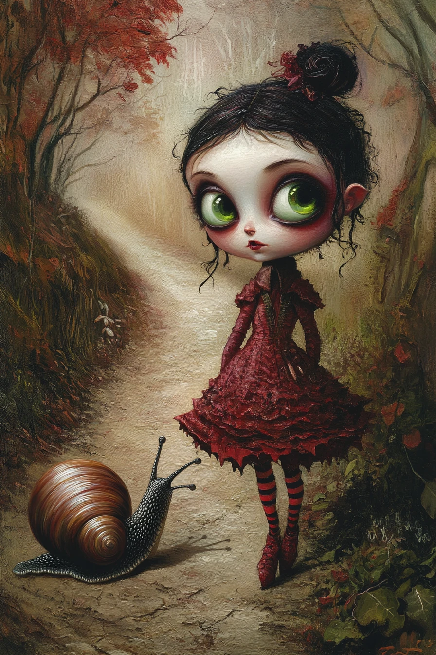 Niña entrañable y caracol caminando por un sendero de bosque de ensueño