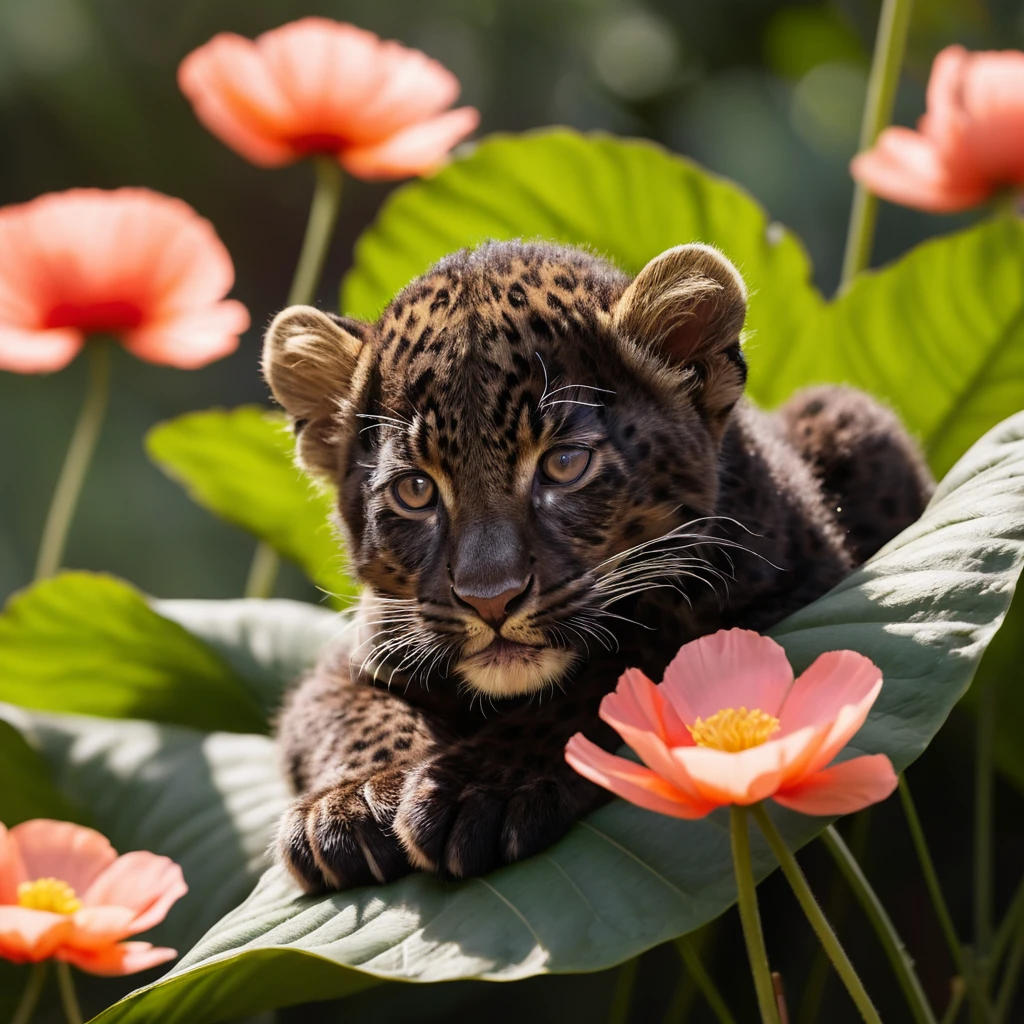 ケシの花に囲まれた葉の上で眠る赤ちゃんヒョウ
