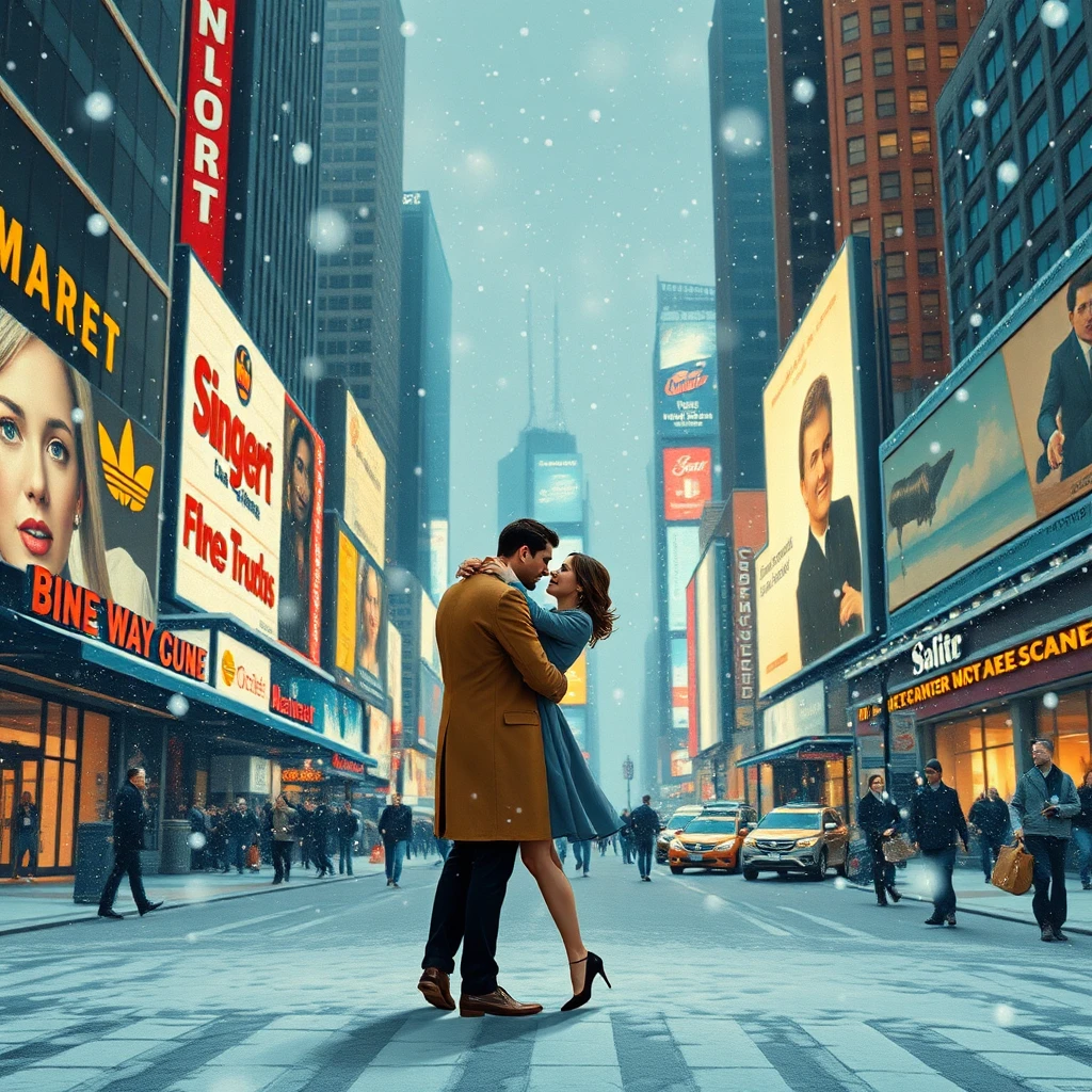 Paar umarmt sich im Schneesturm auf der Straße am Times Square