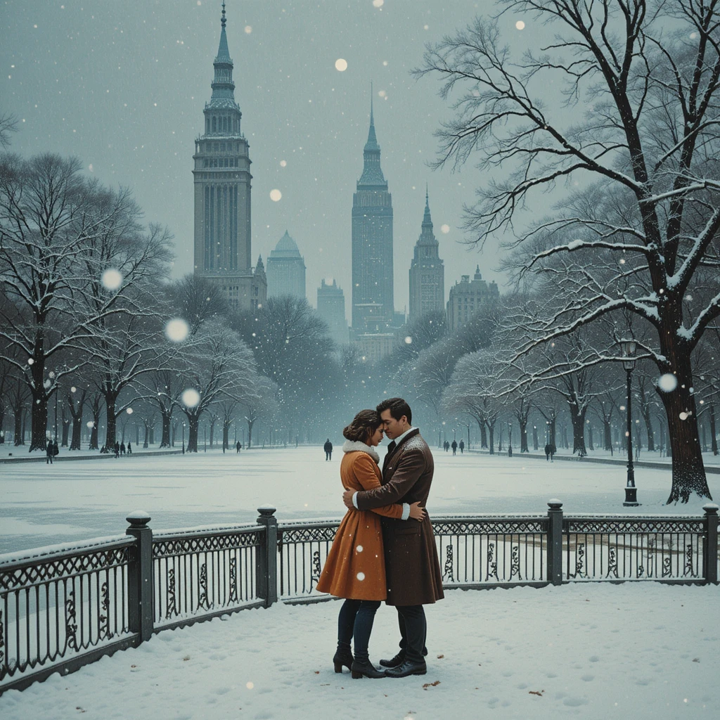 Pareja abrazándose sola en una tormenta de nieve en Central Park