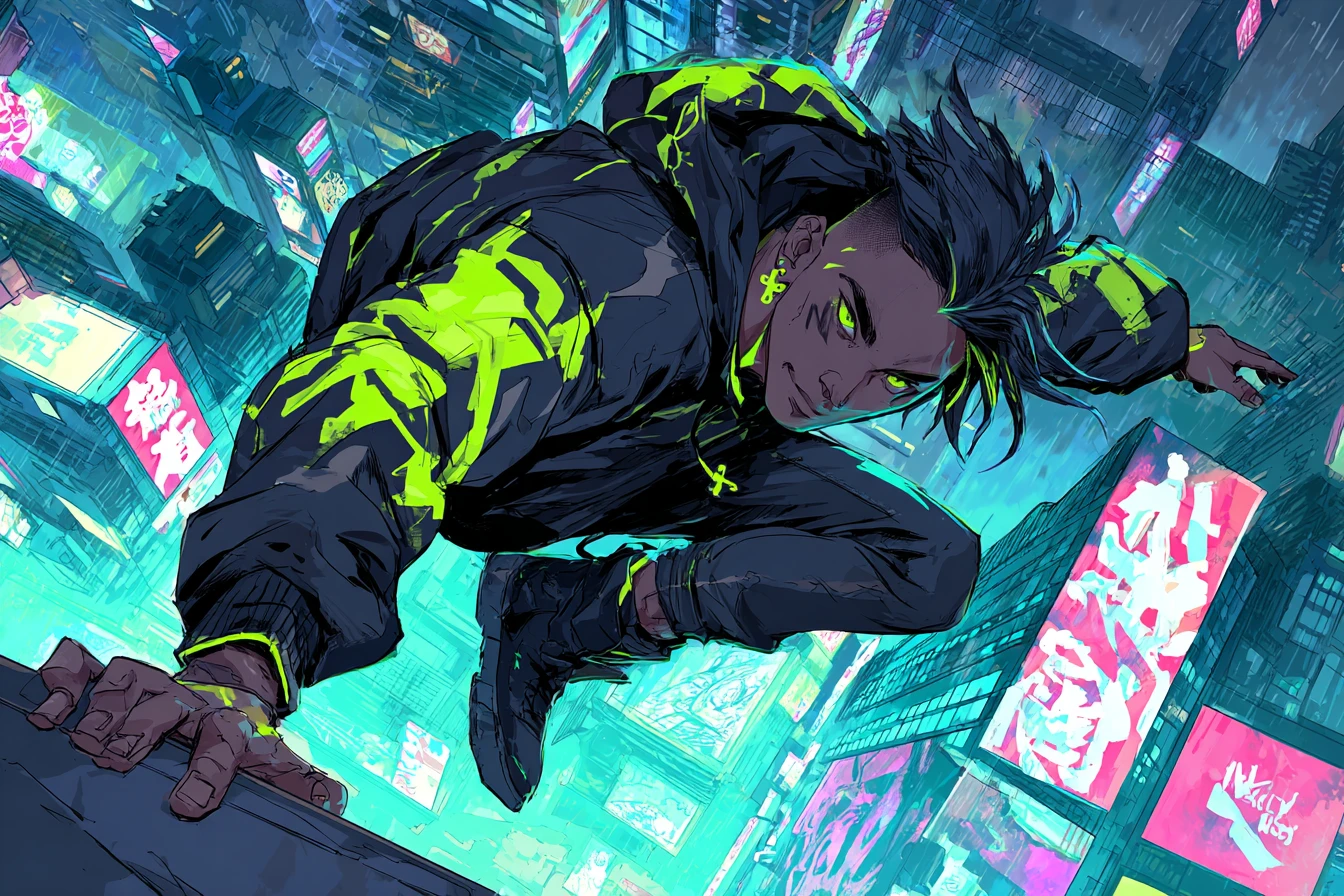 Homem de anime cyberpunk saltando sobre o telhado de uma cidade neon