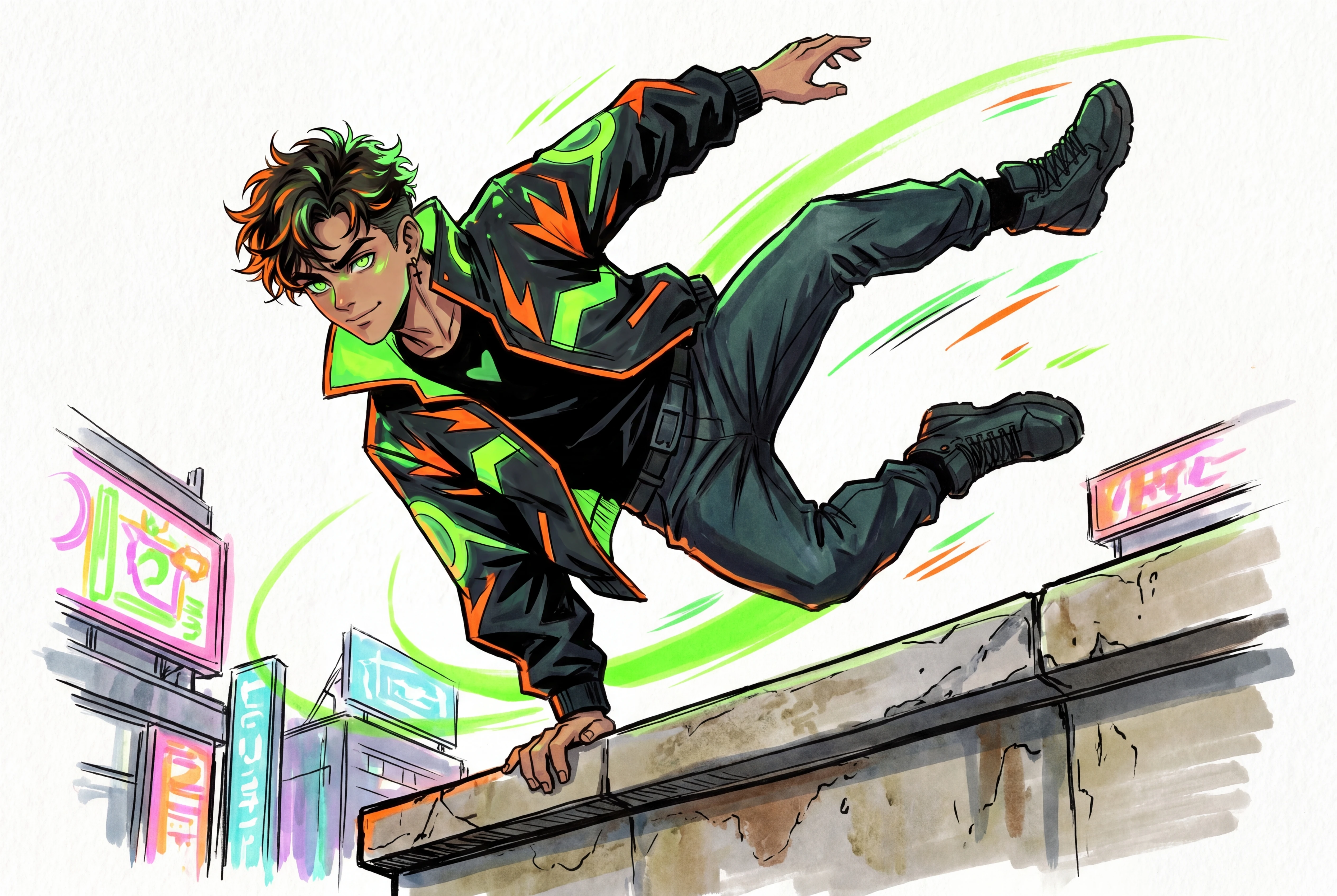 Herói de parkour em estilo anime saltando sobre um telhado neon da cidade