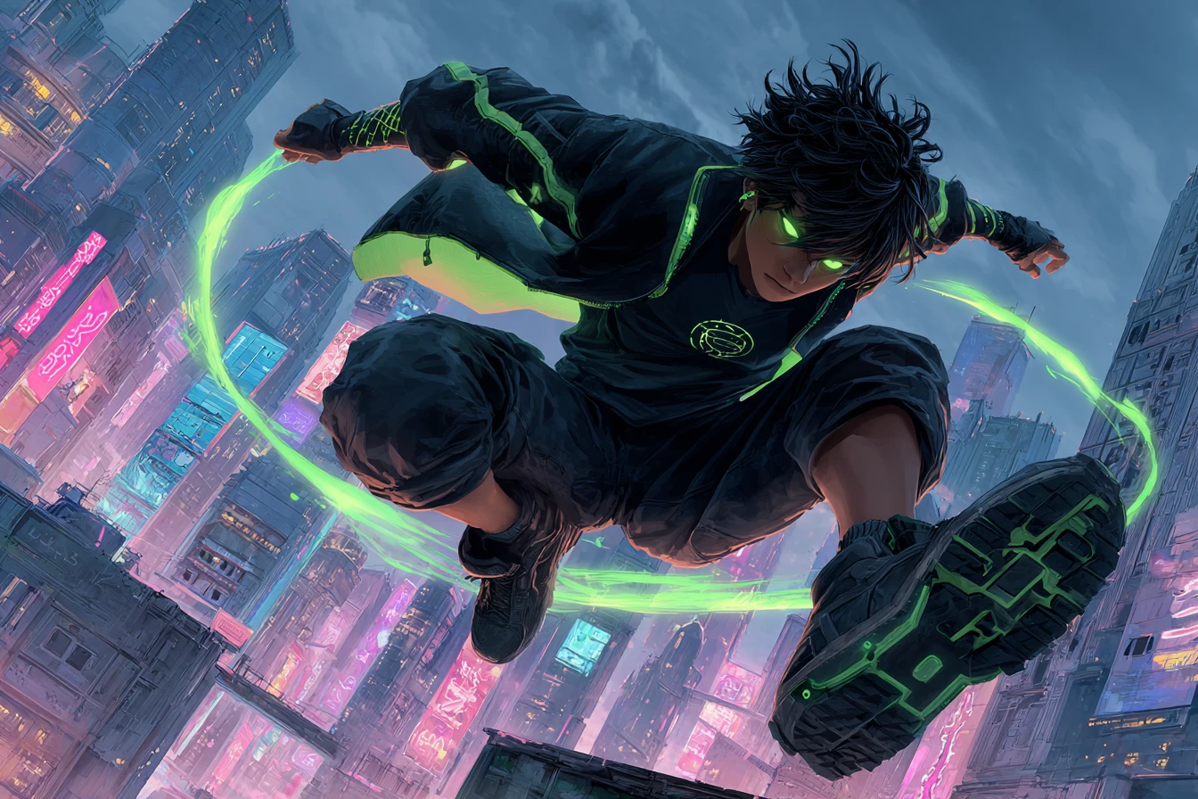 Herói de anime cyberpunk saltando pelos telhados neon da cidade
