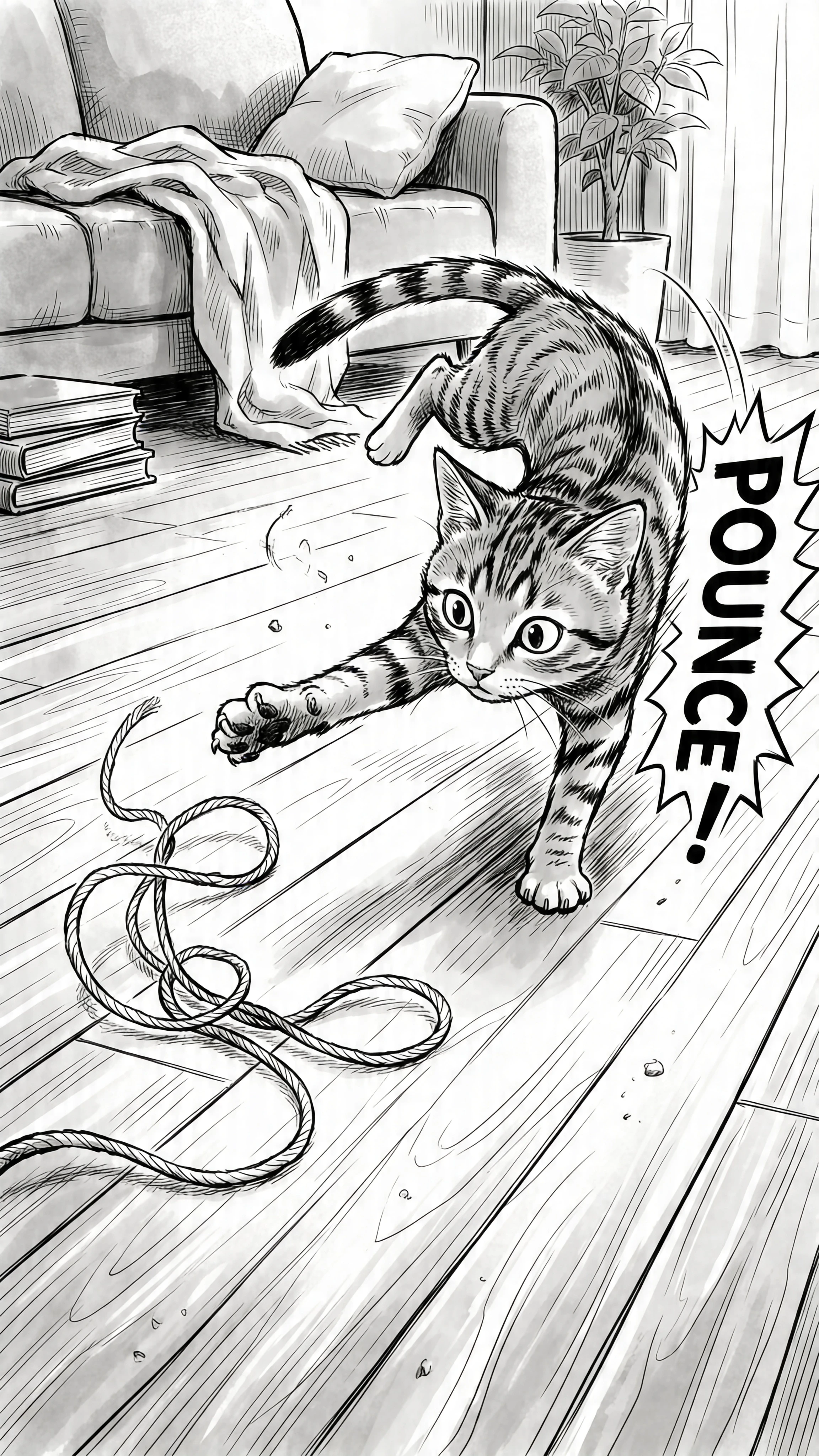 Gato de desenho animado com texto de mangá “POUNCE” ao lado