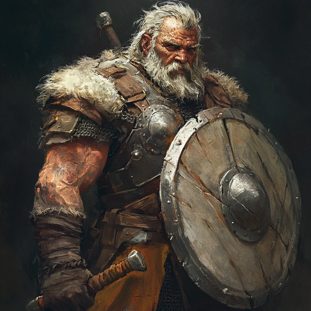 Paladin orc bienveillant en armure cabossée avec marteau et bouclier