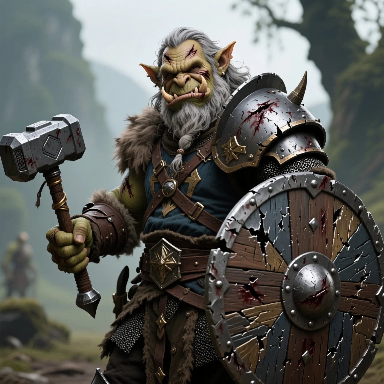 Freundlicher Ork-Paladin-Abenteurer in abgenutzter mittelalterlicher Rüstung