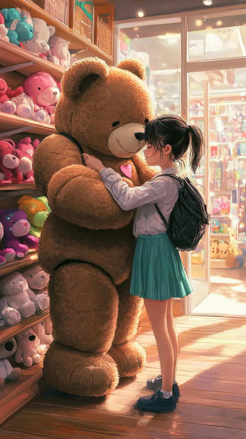 玩具店裡擁抱巨型泰迪熊的動漫女孩