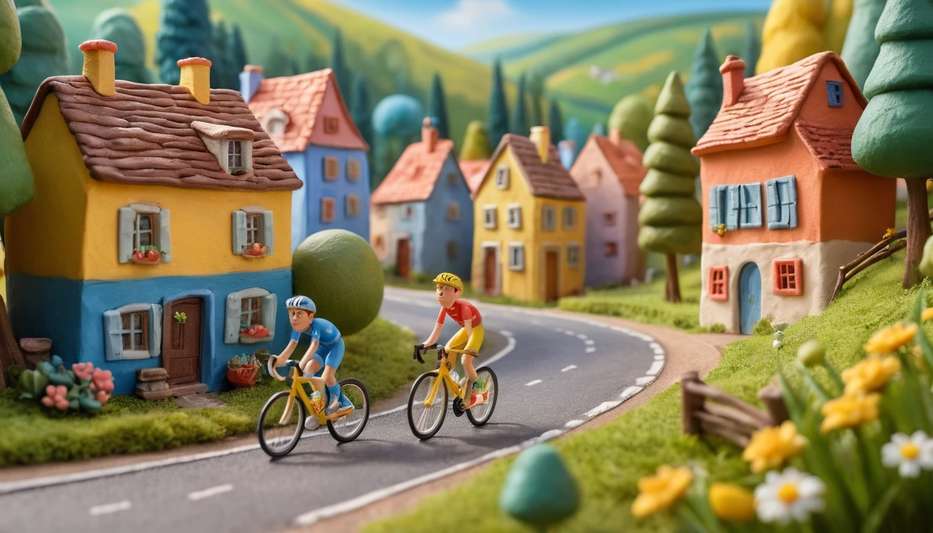Ciclistas de argila brincalhões correndo por uma rua de vila francesa
