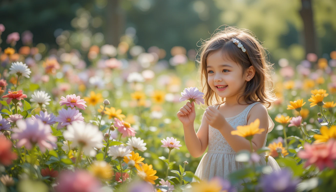 Menina sorridente cheirando flores em um jardim ensolarado