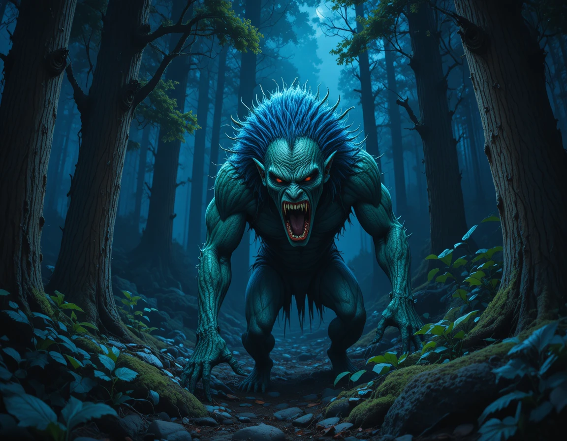 Monstruo sobrenatural con cuernos acechando en un bosque oscuro