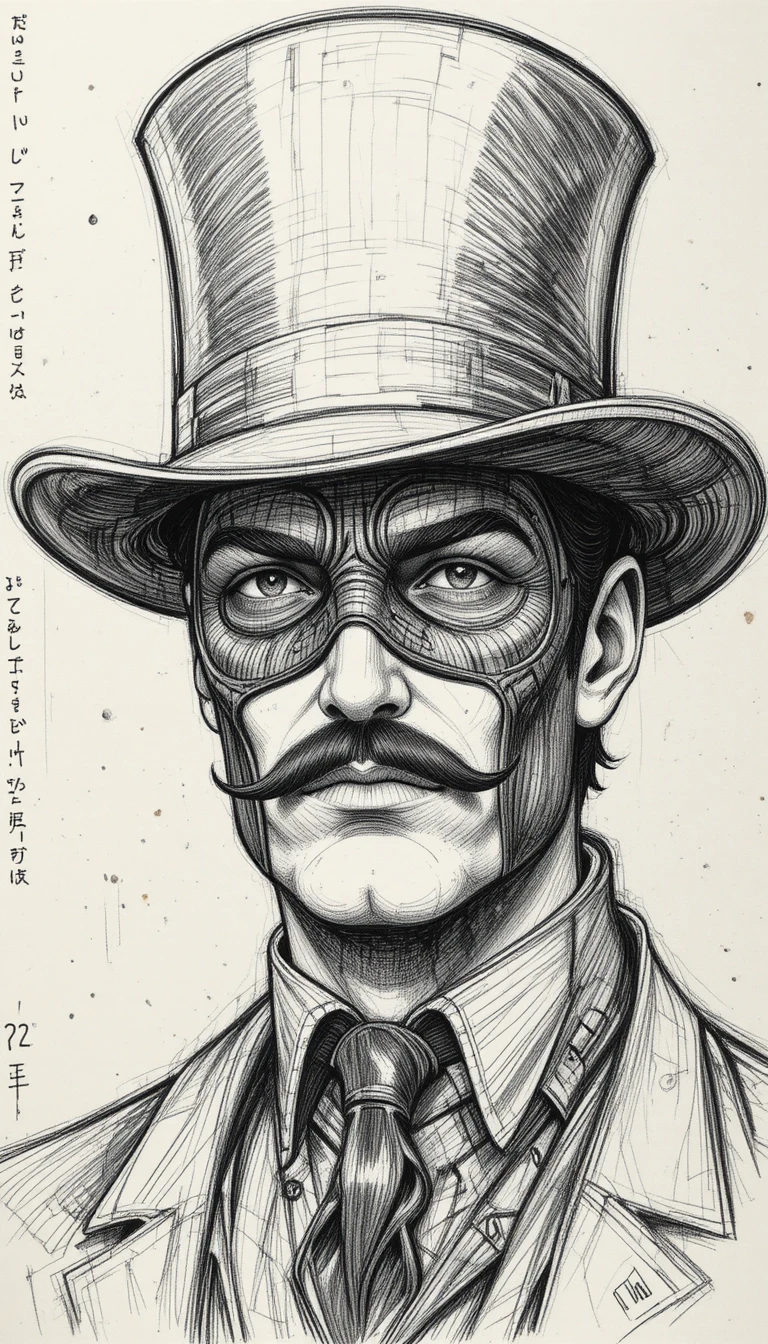 Retrato a lápiz de un hombre enmascarado con sombrero de copa