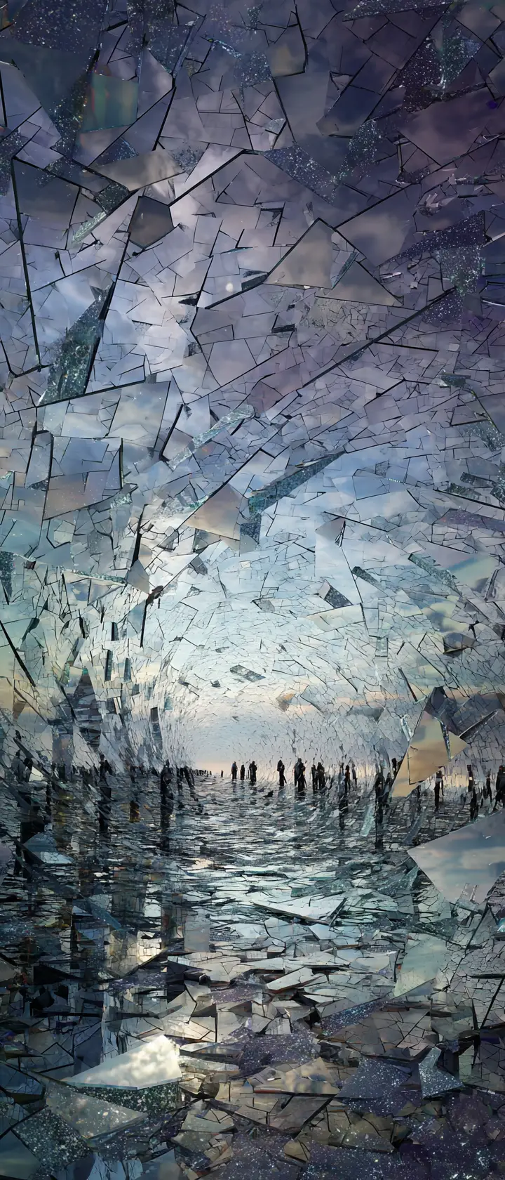 Surrealer Irrgarten aus zerbrochenen Spiegeln und gebrochenen Reflexionen