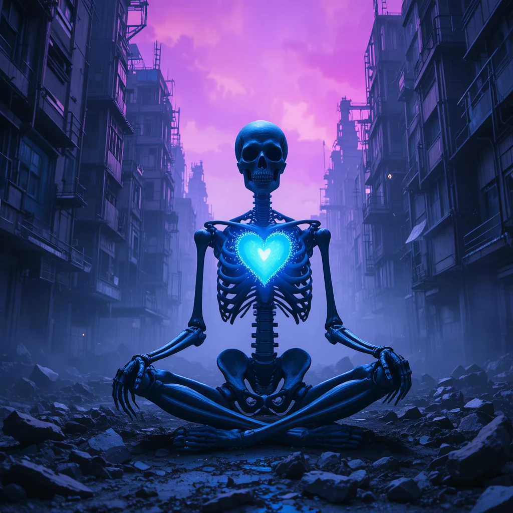 Esqueleto solitário com coração brilhante em cidade cyberpunk neon