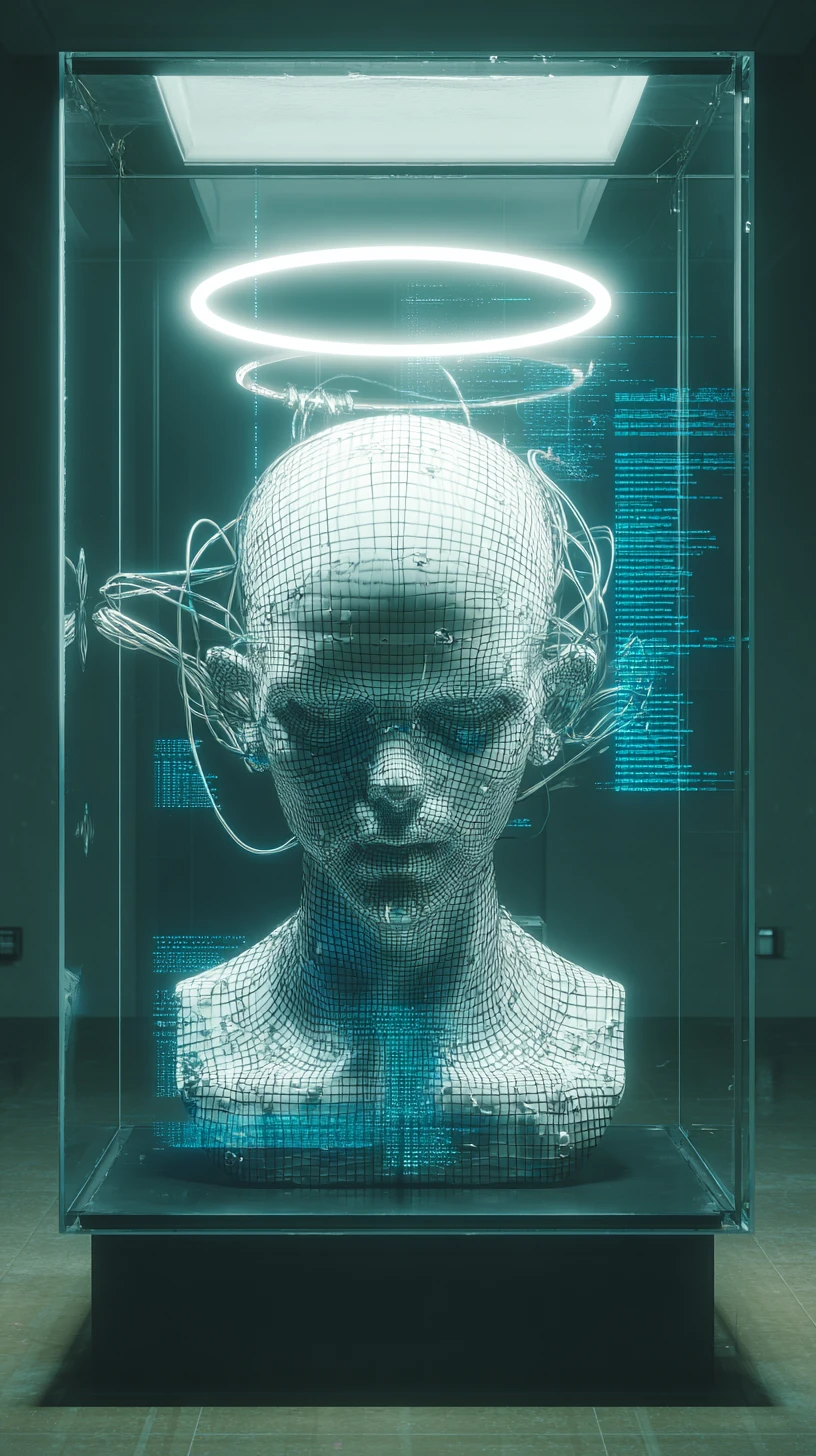 Busto infantil holográfico cyberpunk em vitrine de vidro de museu