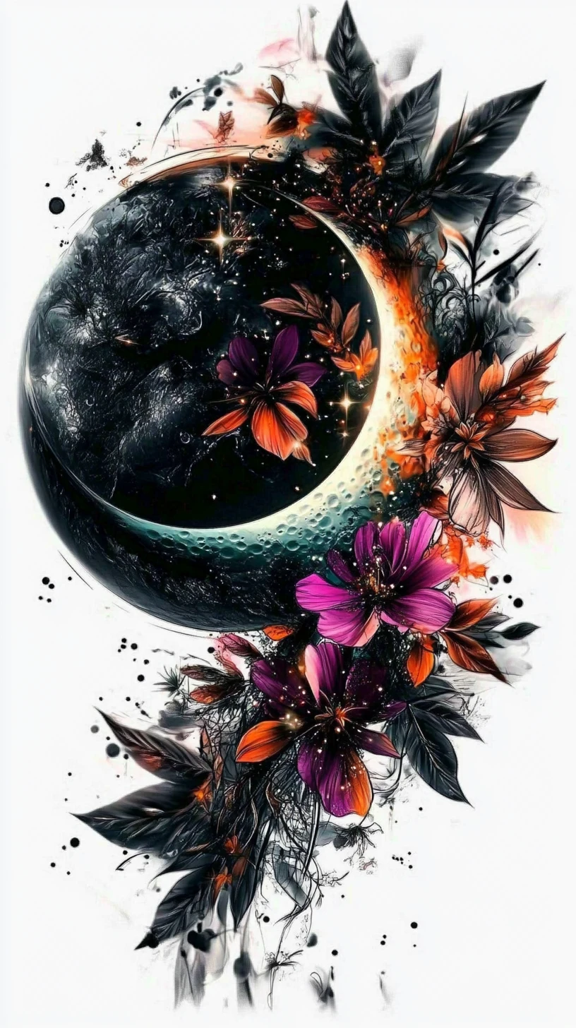 Delicate crescent moon and floral fine line tattoo illustration