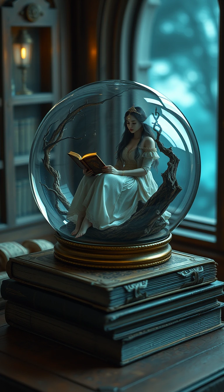 Mystische Frau liest in einer Schneekugel auf alten Büchern