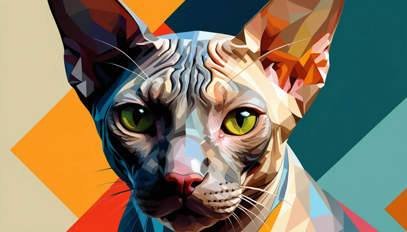 Retrato abstrato de gato sphynx em vibrante geometria cubista