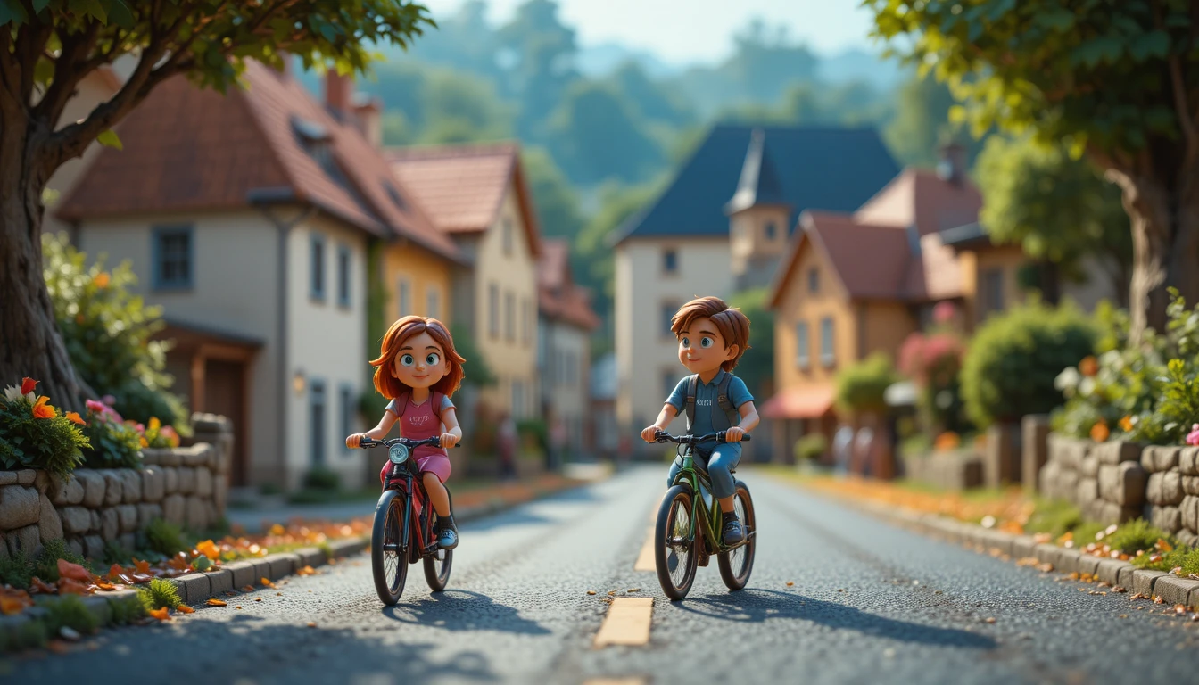 Ciclisti di plastilina in stile Pixar che sfrecciano in un villaggio francese