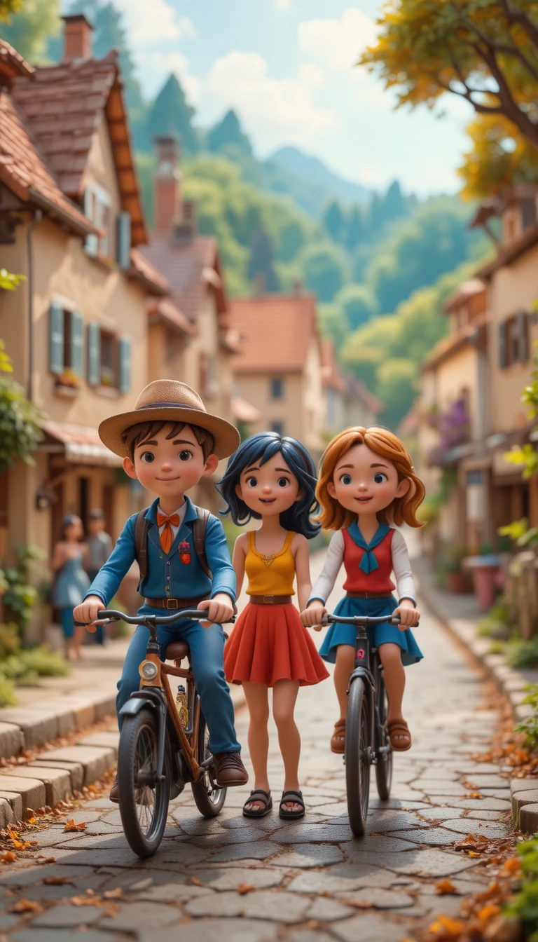 Ciclistas de argila brincalhões correndo por uma estrada de vila francesa