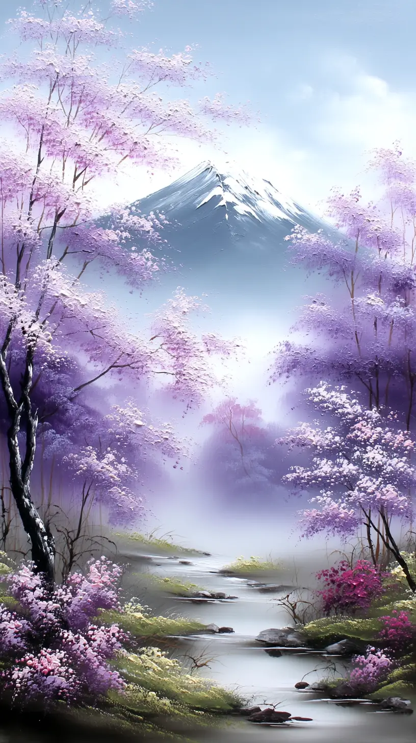 聖山、櫻花與靜靜流淌的溪流