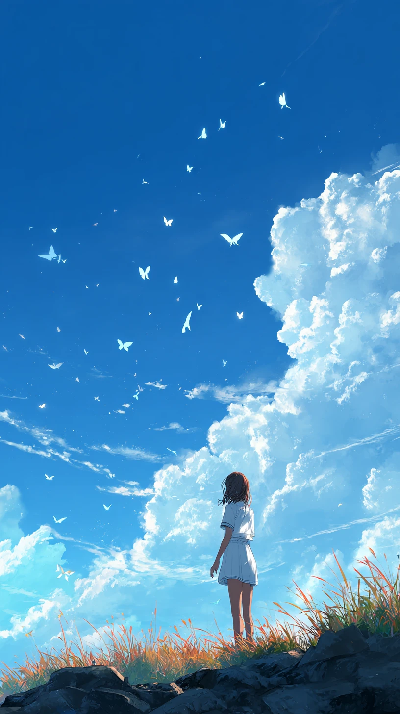 Garota de anime em pé no topo de uma colina iluminada de verão