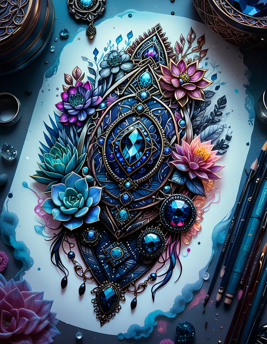 Bohemian-Gothic Tattoo-Illustration mit Edelsteinen und Sukkulenten