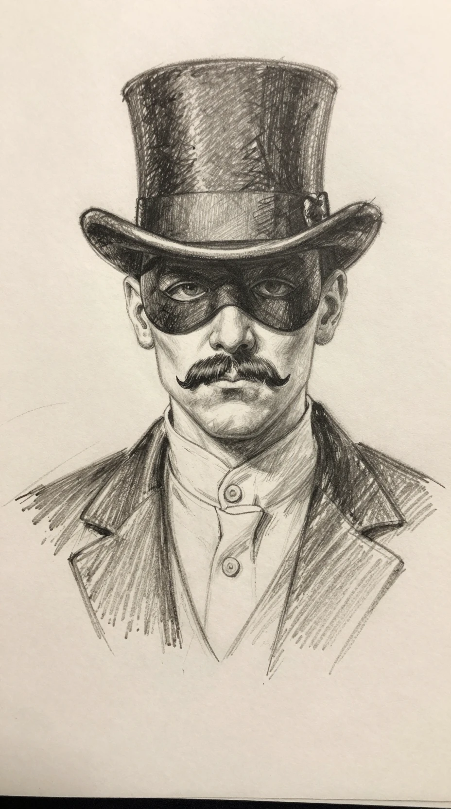 Retrato em esboço a lápis de um homem mascarado de cartola