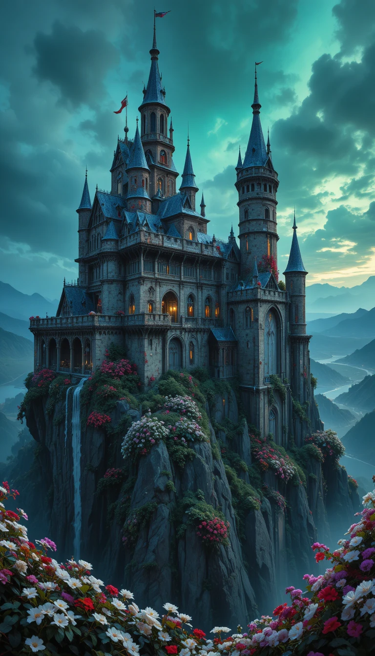 Castelo azul em um penhasco sob um céu esmeralda