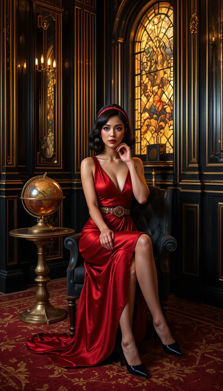 Elegante Frau im roten Kleid in einem Art-déco-Interieur