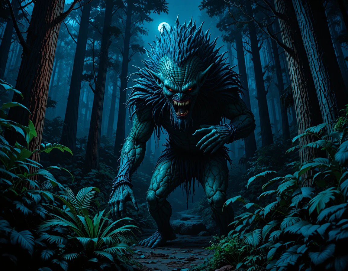 Monstro humanóide com chifres à espreita em uma floresta escura