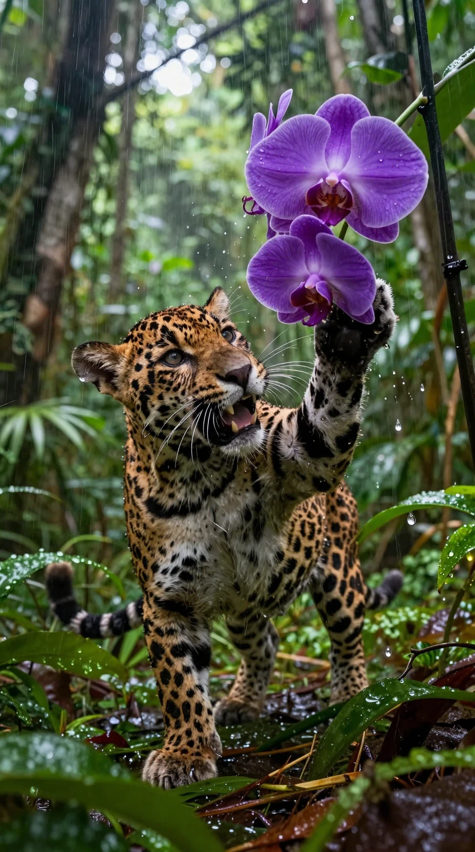 Filhote de jaguar brincalhão em uma selva exuberante encharcada de chuva