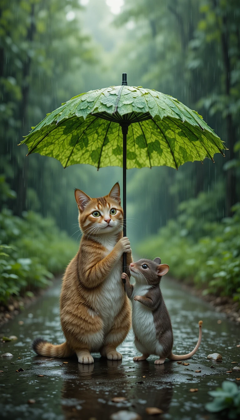 Katze und Maus teilen sich einen Blätterschirm auf einer regennassen Straße