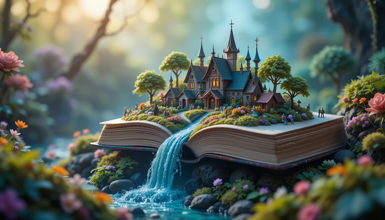 Villaggio in miniatura in una foresta mistica che nasce da un libro aperto