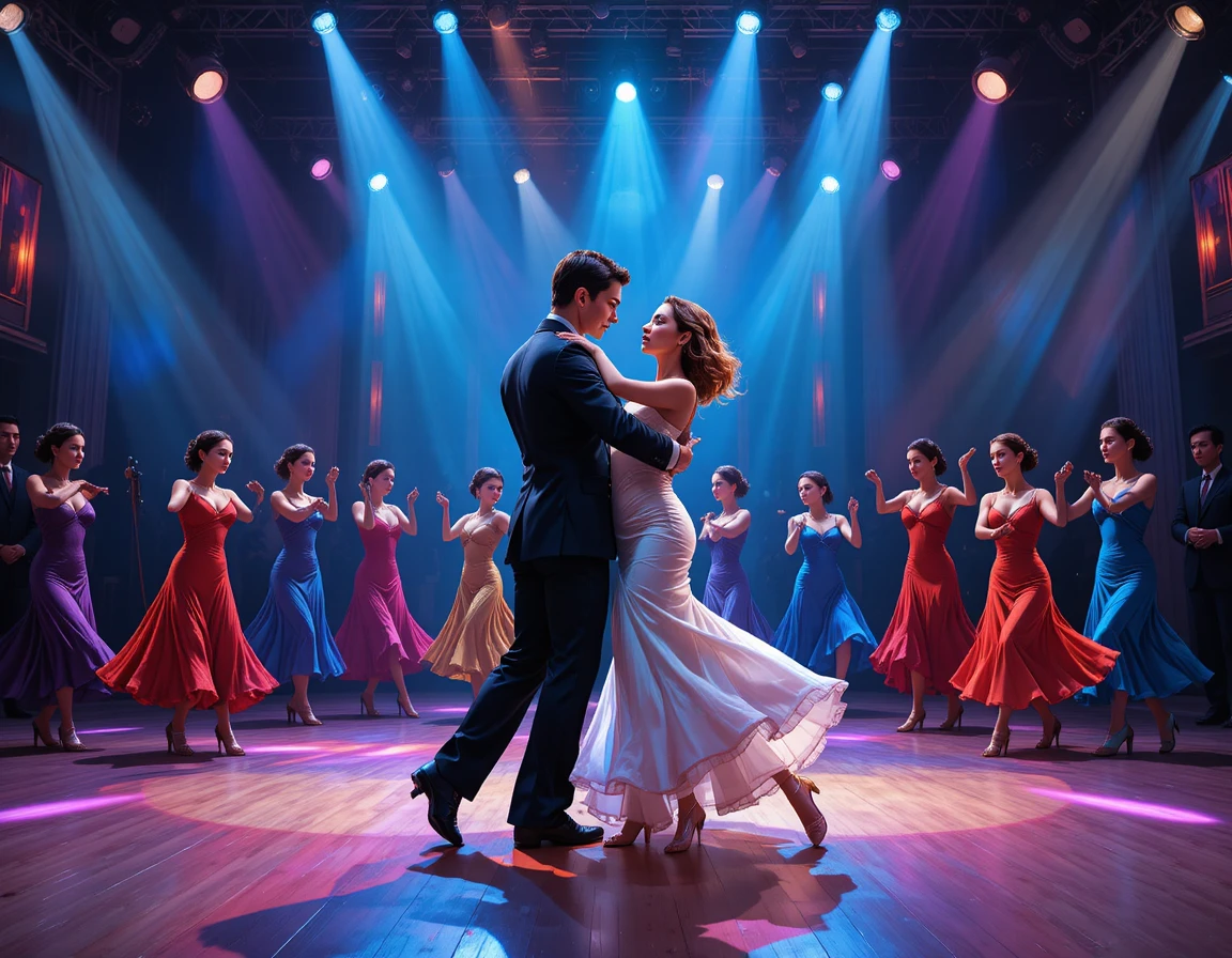 Coppia di tango che si esibisce su un vivace palcoscenico teatrale