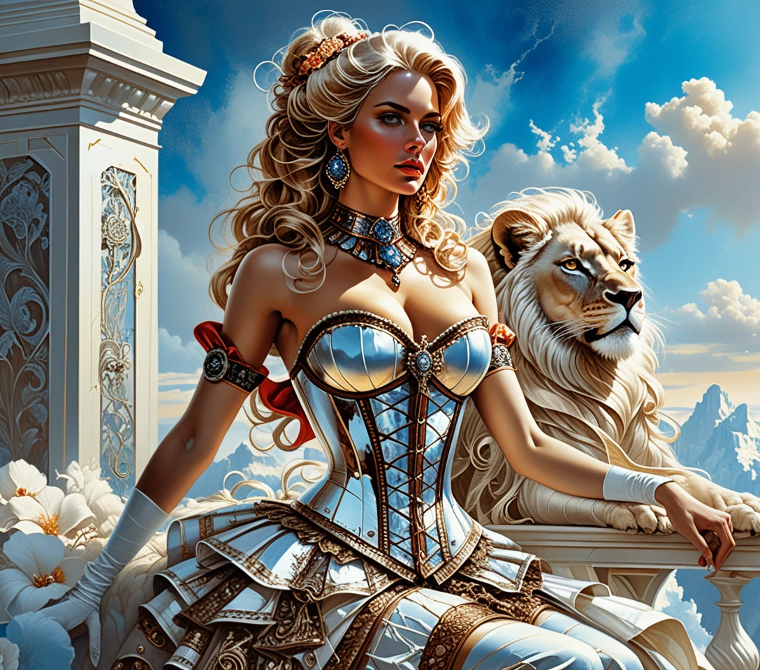 Duquesa fantástica con león blanco en un lujoso boudoir