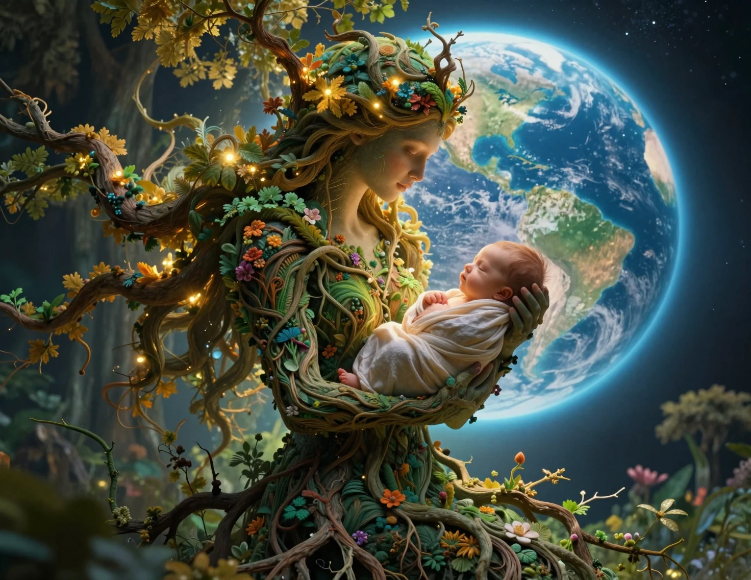 Dea della Terra che culla un neonato tra foreste viventi