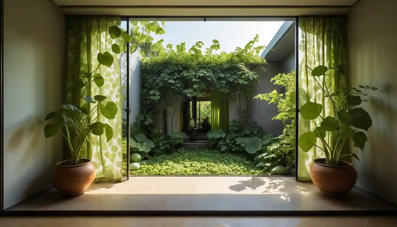 Cozy interior framed by green vines and summer garden