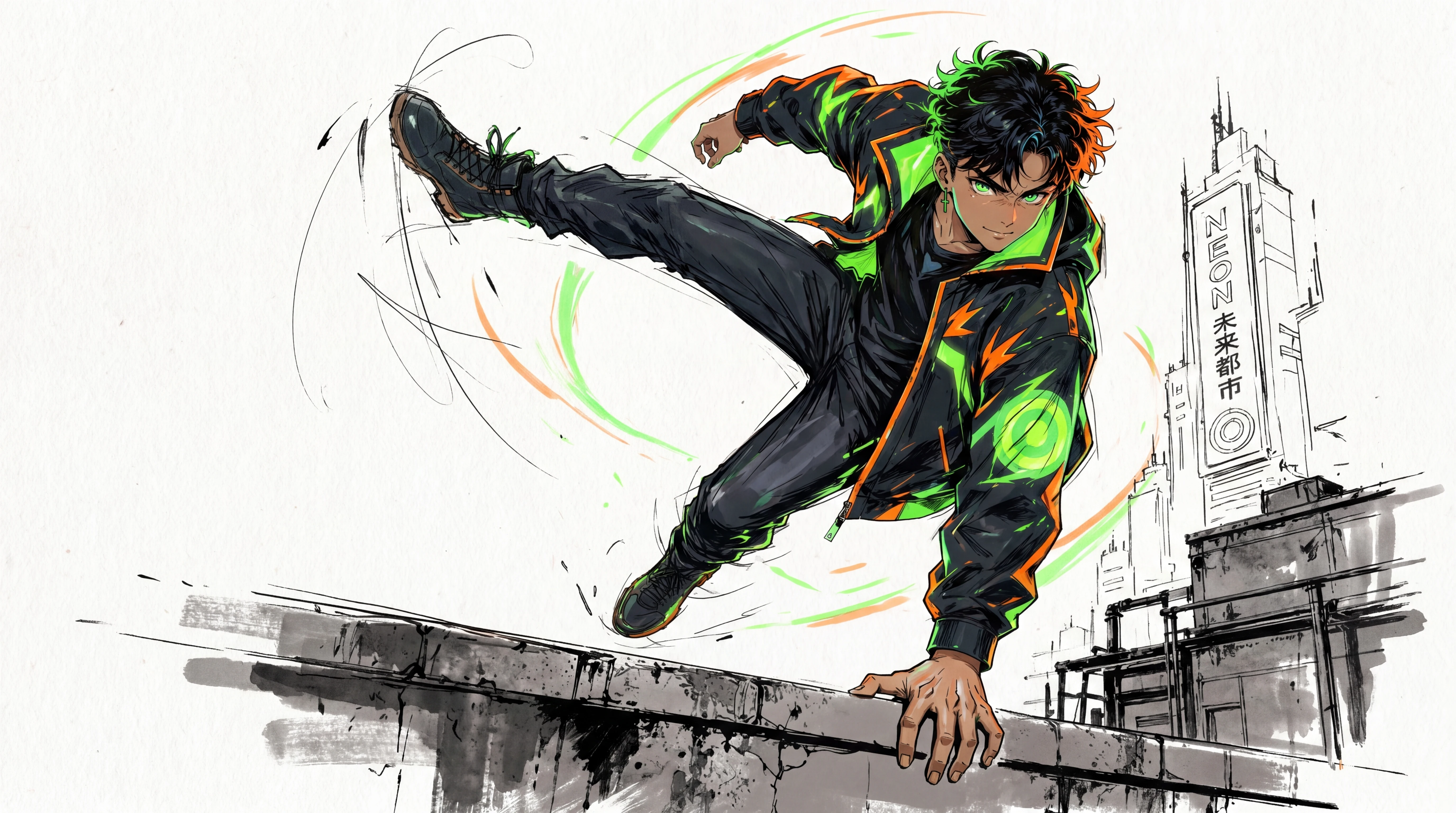 Herói de parkour em estilo anime saltando sobre um telhado iluminado por neon
