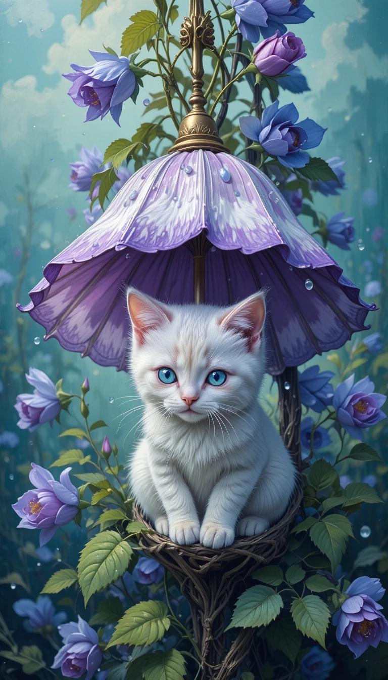 Rosa rampicante bianca con petali bordati di viola in pittura a olio