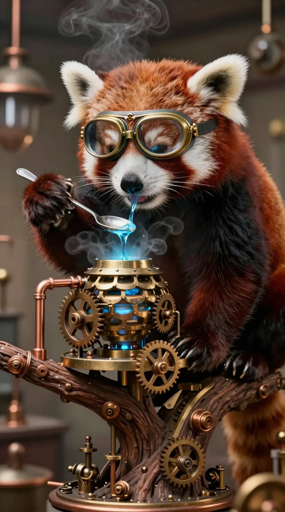 Red panda tasting blue nectar in steampunk tree