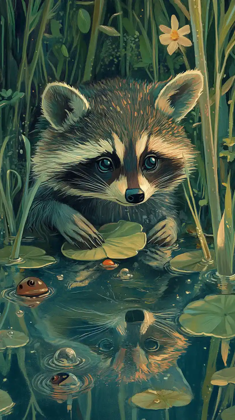 Curious raccoon by a pond in a magical fantasy illustration