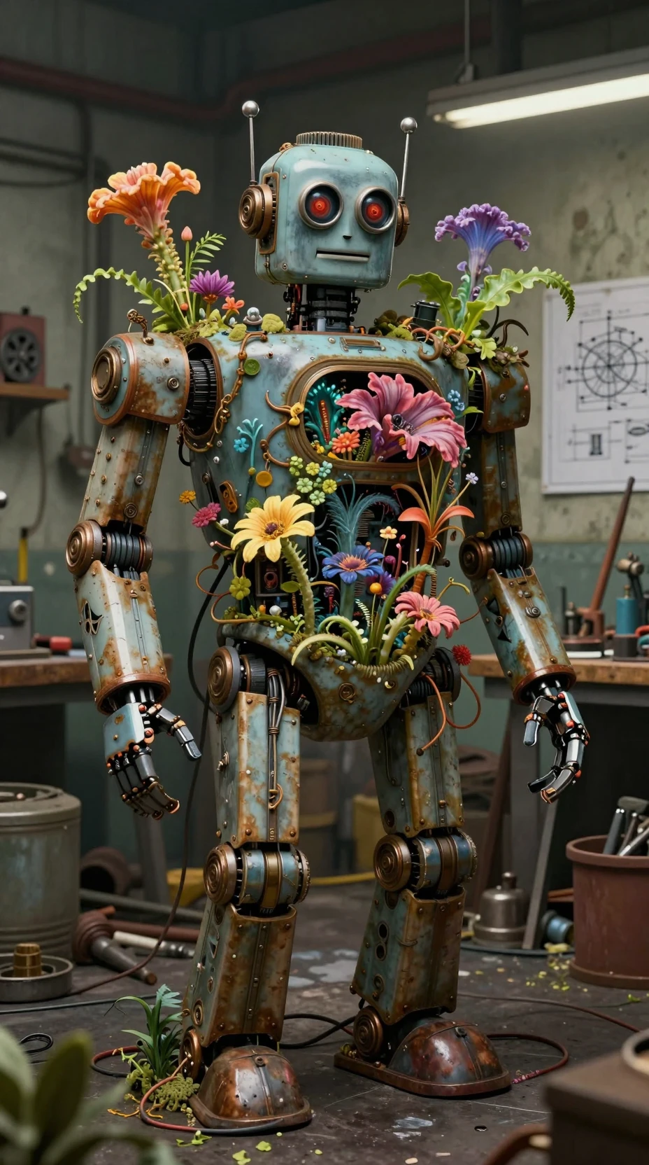 Retrato surrealista de un robot vintage que florece con flora alienígena