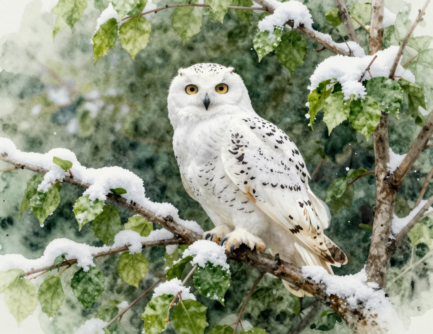 Weiße Eule auf verschneitem grünen Laub im Wald