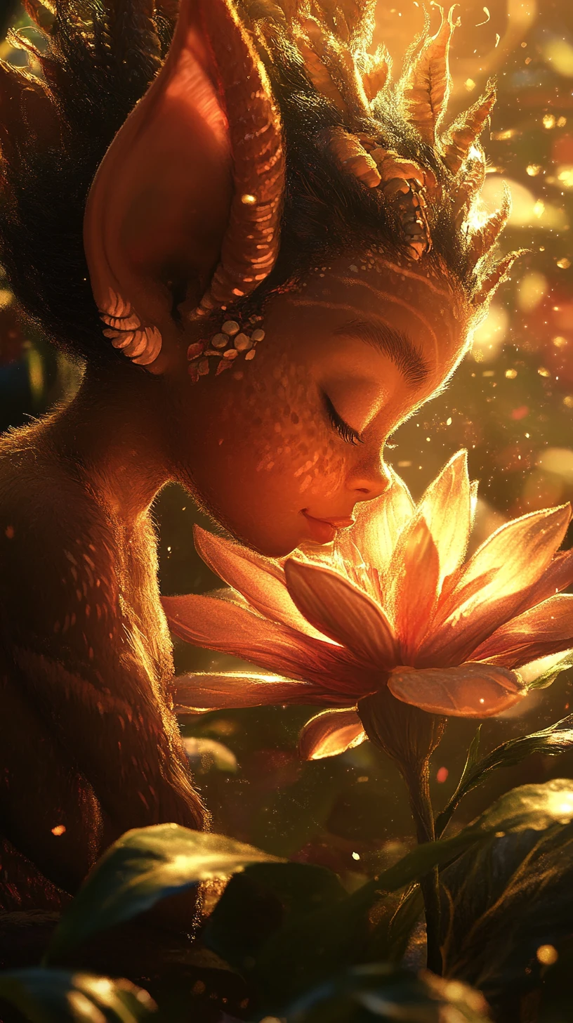 Jovem troll descansando encostado em uma flor brilhante da floresta