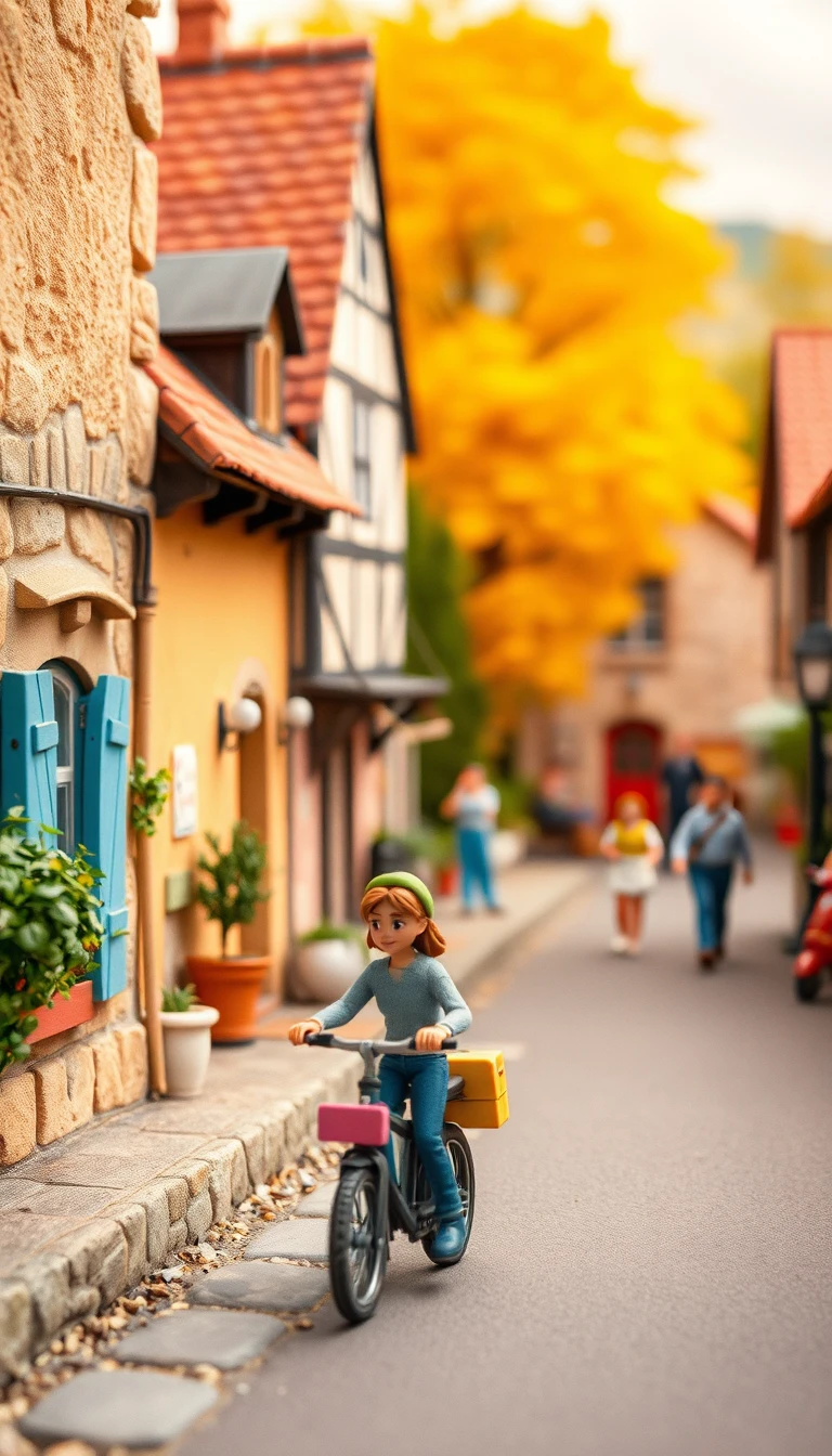 Cyclistes en argile style Pixar traversant un village français