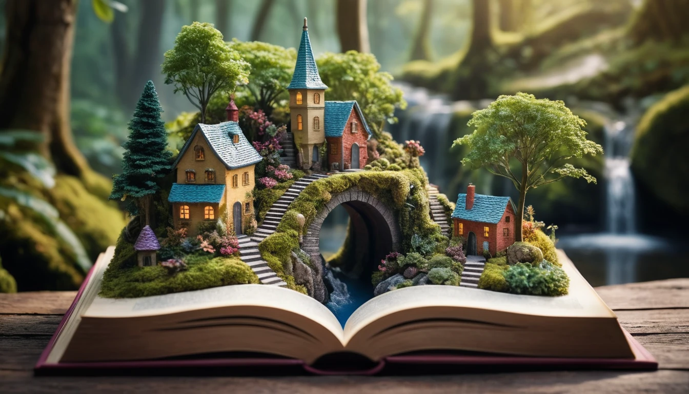 Villaggio di foresta in miniatura che sboccia da un libro di fiabe aperto