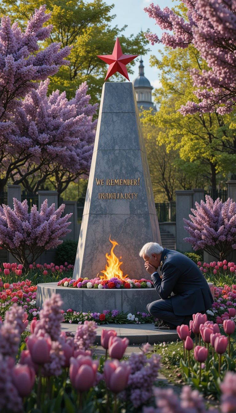 Vieux vétéran en deuil près d’un mémorial de guerre en flammes