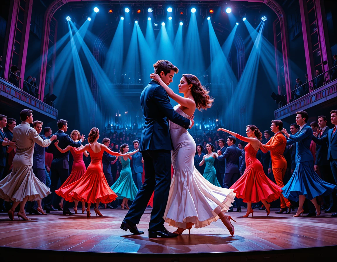 Casal de tango erguido em vibrante apresentação de baile de salão