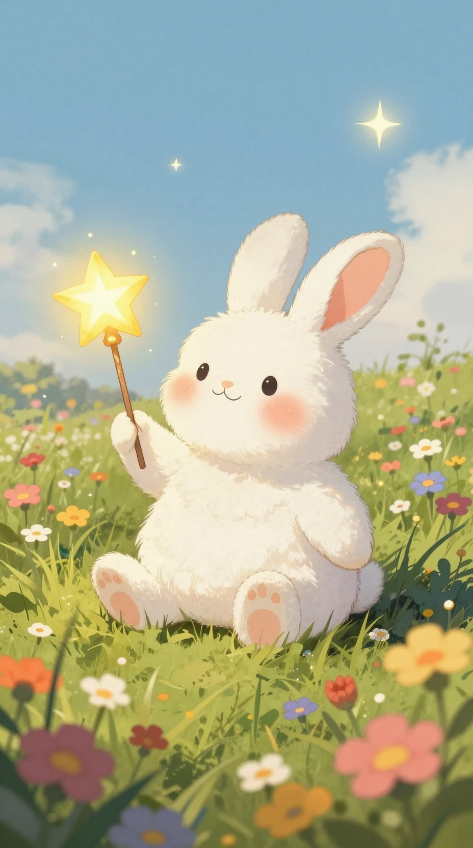 Coelhinho branco fofo com varinha de estrela em prado florido